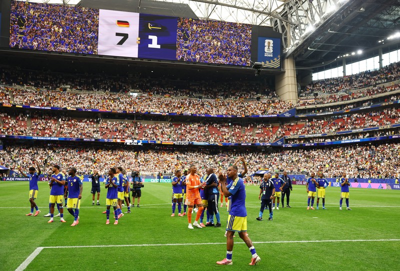 Para pemain Jerman merayakan kemenangan setelah pertandingan Grup E Piala Dunia FIFA 2026 antara Jerman dan Cura&ccedil;ao di Houston Stadium, Houston, Texas, Amerika Serikat, Minggu (14/6/2026). (IMAGN IMAGES via Reuters/Maria Lysaker)