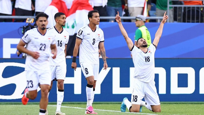 Aymen Hussein merayakan gol pertama Irak dalam pertandingan Grup I Piala Dunia FIFA 2026 antara Irak dan Norwegia di Boston Stadium, Foxborough, Massachusetts, Amerika Serikat, Selasa (16/6/2026).