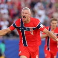 Erling Haaland merayakan gol pertama Norwegia dalam pertandingan Grup I Piala Dunia FIFA 2026 antara Irak dan Norwegia di Boston Stadium, Foxborough, Massachusetts, Amerika Serikat, Selasa (16/6/2026). (IMAGN IMAGES via Reuters/Paul Rutherford)