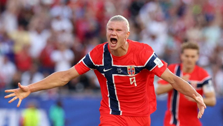 Erling Haaland merayakan gol pertama Norwegia dalam pertandingan Grup I Piala Dunia FIFA 2026 antara Irak dan Norwegia di Boston Stadium, Foxborough, Massachusetts, Amerika Serikat, Selasa (16/6/2026).
