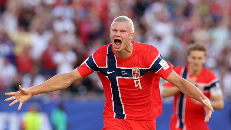 Erling Haaland merayakan gol pertama Norwegia dalam pertandingan Grup I Piala Dunia FIFA 2026 antara Irak dan Norwegia di Boston Stadium, Foxborough, Massachusetts, Amerika Serikat, Selasa (16/6/2026).