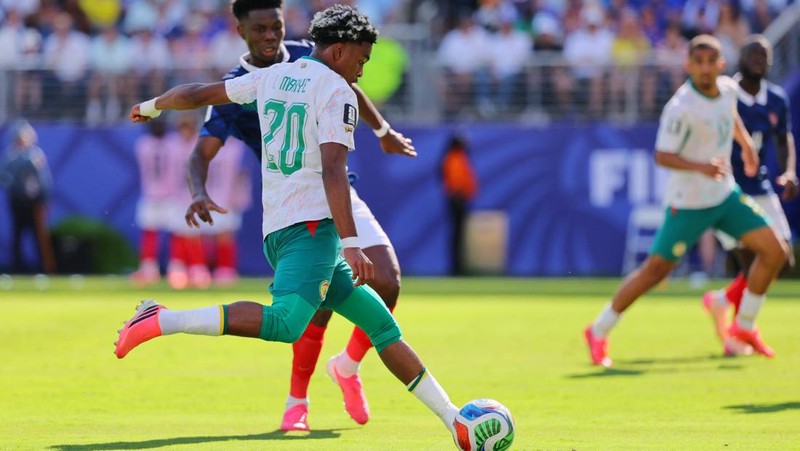 Ibrahim Mbaye mencetak gol pertama Senegal dalam pertandingan Grup I Piala Dunia FIFA 2026 antara Prancis dan Senegal di New York/New Jersey Stadium, East Rutherford, New Jersey, Amerika Serikat, Selasa (16/6/2026).
