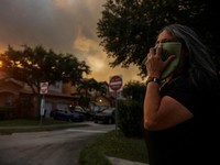 Seorang wanita menutupi wajahnya saat menyaksikan kebakaran semak yang terjadi relatif dekat dengan lingkungan perumahan Doral di Miami, Florida, AS, 16 Juni 2026. (REUTERS/Maria Alejandra Cardona)