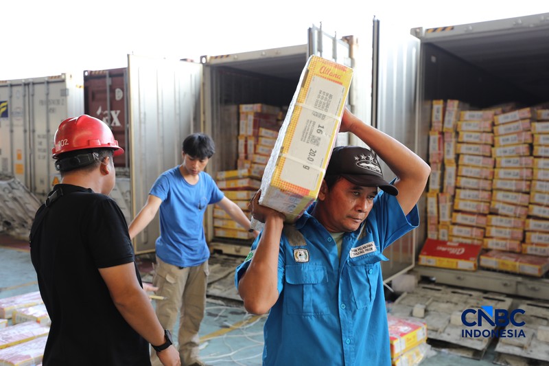 Aktivitas bongkar muat di di posko Bea dan Cukai Terminal Petikemas (TPK) Koja, Tanjung Priok, Jakarta, Rabu (17/6). (CNBC Indonesia/Tri Susilo)
