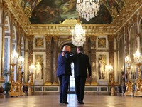 U.S. President Donald Trump receives a tour of Chateau de Versailles from President of France Emmanuel Macron ahead of a dinner, France, June 17, 2026. Anna Moneymaker/Pool via REUTERS