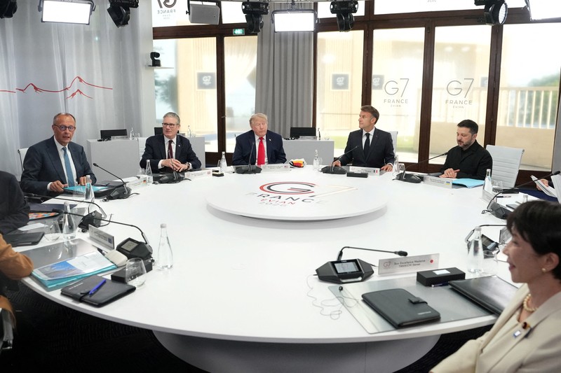 U.S. President Donald Trump attends a working session with G7 leaders and outreach partners on promoting economic growth during the G7 Summit in Evian-les-Bains, France, June 17, 2026. REUTERS/Evelyn Hockstein