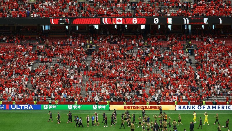 Kanada membantai Qatar dengan skor 6-0 pada laga kedua Grup B Piala Dunia 2026 di Stadion BC Place, Jumat (19/6) pagi WIB. (REUTERS/Albert Gea)
