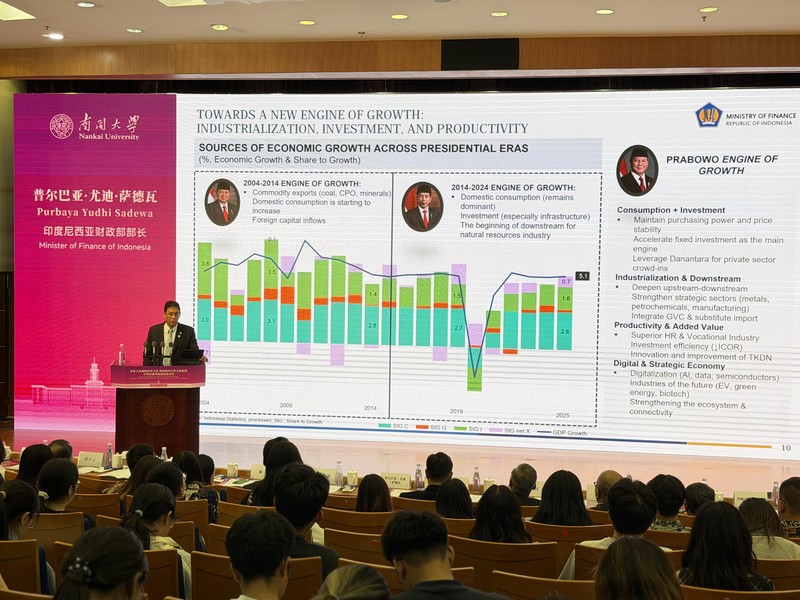 Menteri Keuangan Purbaya Yudhi Sadewa memberikan kuliah umum di Nankai University, Tianjin, China, Sabtu (20/6/2026). (Dok. Kemenkeu)