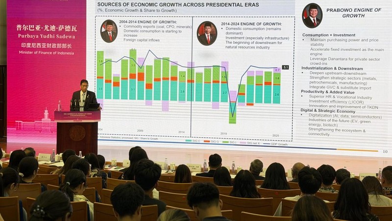 Menteri Keuangan Purbaya Yudhi Sadewa memberikan kuliah umum di Nankai University, Tianjin, China, Sabtu (20/6/2026). (Dok. Kemenkeu)
