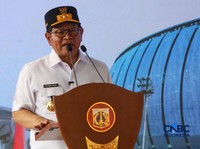 Gubernur DKI Jakarta Pramono Anung saat acara peresmian Stasiun Jakarta International Stadium (JIS) di Jakarta, Senin (22/6/2026). (CNBC Indonesia/Faisal Rahman)