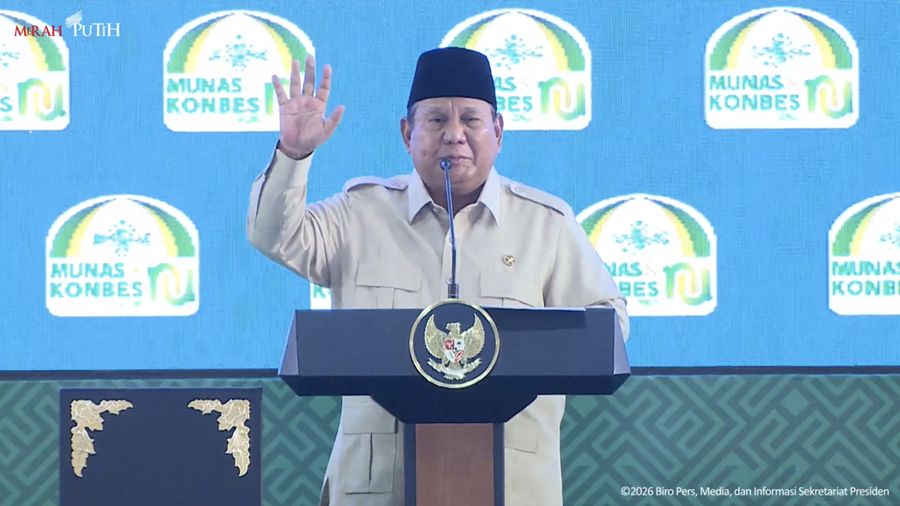 Presiden Prabowo Subianto saat menghadiri Penutupan Musyawarah Nasional Alim Ulama dan Konferensi Besar NU 2026, Bangkalan, (23/6/2026). (Tangkapan Layar Youtube/Sekretariat Presiden)