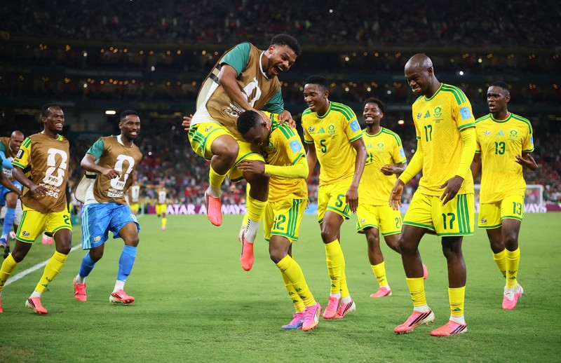 Afrika Selatan lolos ke 32 besar Piala Dunia 2026 setelah mengalahkan Korea Selatan pada laga fase grup yang berlangsung di Stadion Monterrey, Meksiko, Kamis (25/6) pagi waktu Indonesia. (REUTERS/Eloisa Sanchez)