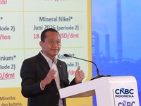 Menteri ESDM, Bahlil Lahadalia saat menyampaikan pemaparan dalam Energy Forum di Singosari Ballroom-Hotel Borobudur, Jakarta, Kamis (25/6/2026). (CNBC Indonesia/Faisal Rahman)