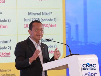Menteri ESDM, Bahlil Lahadalia saat menyampaikan pemaparan dalam Energy Forum di Singosari Ballroom-Hotel Borobudur, Jakarta, Kamis (25/6/2026). (CNBC Indonesia/Faisal Rahman)