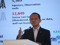 Menteri ESDM, Bahlil Lahadalia saat menyampaikan pemaparan dalam Energy Forum di Singosari Ballroom-Hotel Borobudur, Jakarta, Kamis (25/6/2026). (CNBC Indonesia/Faisal Rahman)