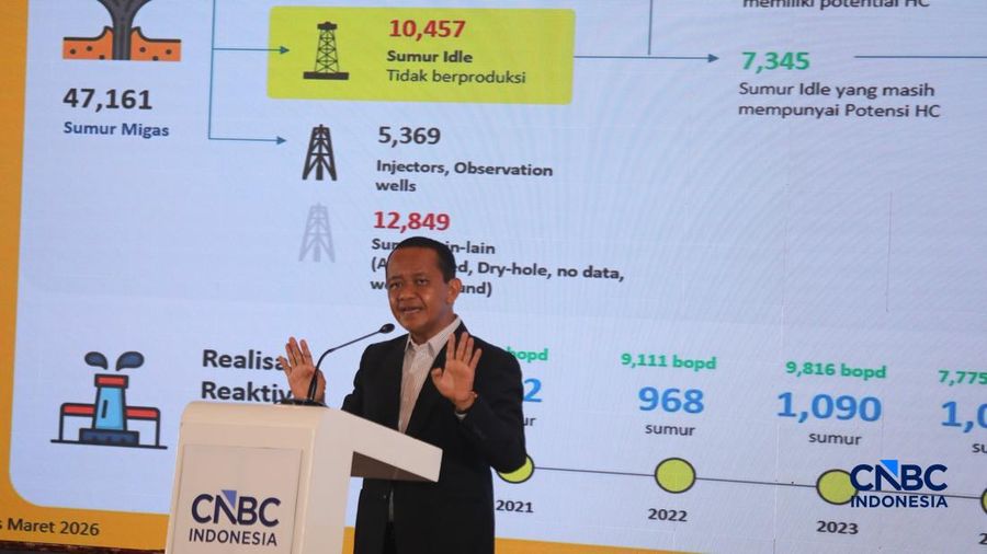 Menteri ESDM, Bahlil Lahadalia saat menyampaikan pemaparan dalam Energy Forum di Singosari Ballroom-Hotel Borobudur, Jakarta, Kamis (25/6/2026). (CNBC Indonesia/Faisal Rahman)