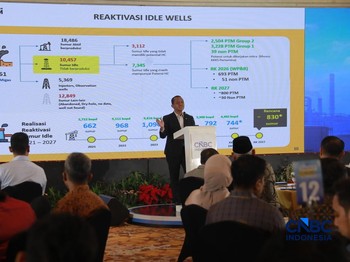 Menteri ESDM, Bahlil Lahadalia saat menyampaikan pemaparan dalam Energy Forum di Singosari Ballroom-Hotel Borobudur, Jakarta, Kamis (25/6/2026). (CNBC Indonesia/Muhammad Sabki)