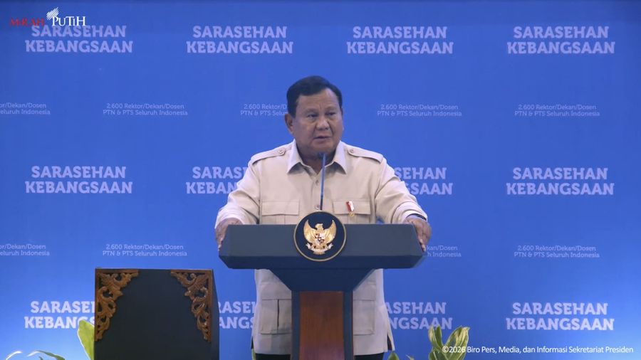 Presiden Prabowo Subianto saat menyampaikan sambutan dalam pembukaan Sarasehan Kebangsaan KSTI 2026 di Jakarta, Jumat (26/6/2026). (Tangkapan Layar Youtube/Sekretariat Presiden)