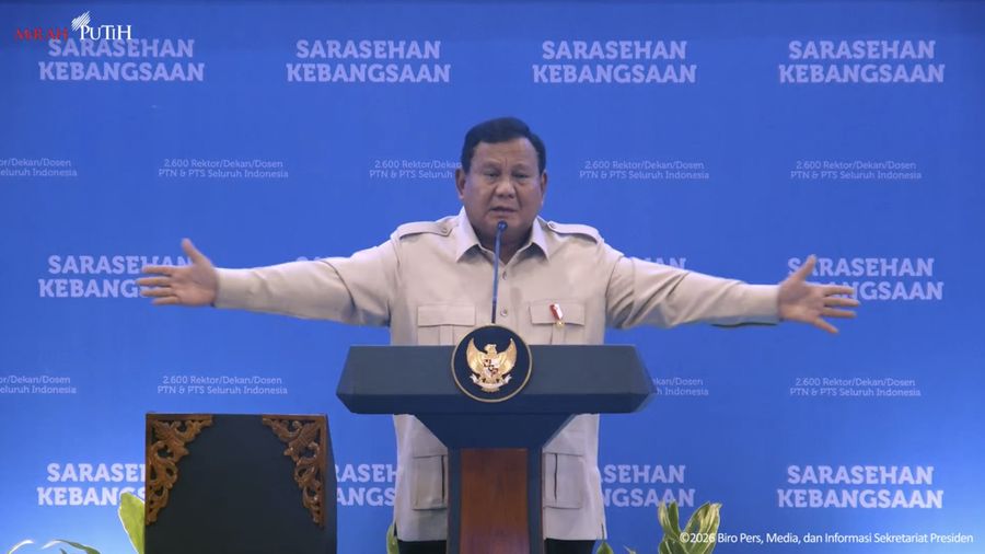 Presiden Prabowo Subianto saat menyampaikan sambutan dalam pembukaan Sarasehan Kebangsaan KSTI 2026 di Jakarta, Jumat (26/6/2026). (Tangkapan Layar Youtube/Sekretariat Presiden)