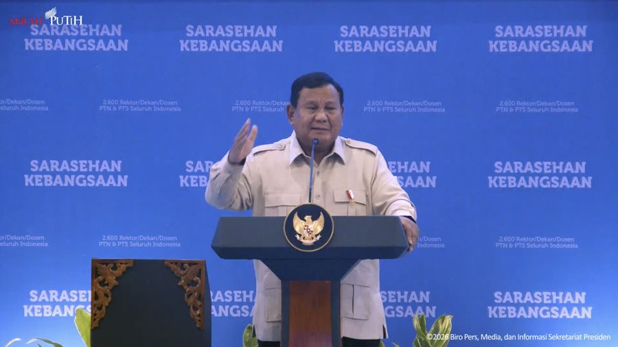Presiden Prabowo Subianto saat menyampaikan sambutan dalam pembukaan Sarasehan Kebangsaan KSTI 2026 di Jakarta, Jumat (26/6/2026). (Tangkapan Layar Youtube/Sekretariat Presiden)