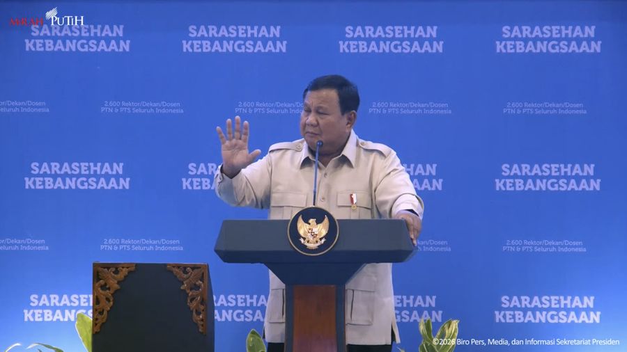 Presiden Prabowo Subianto saat menyampaikan sambutan dalam pembukaan Sarasehan Kebangsaan KSTI 2026 di Jakarta, Jumat (26/6/2026). (Tangkapan Layar Youtube/Sekretariat Presiden)