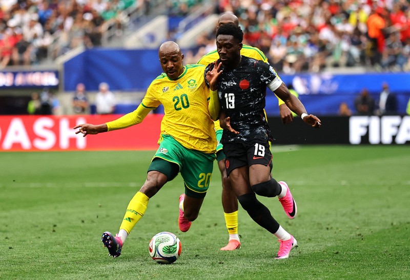 Stephen Eust&aacute;quio merayakan gol pertama Kanada dalam pertandingan babak 32 besar Piala Dunia FIFA 2026 antara Afrika Selatan dan Kanada di Los Angeles Stadium, Inglewood, California, Amerika Serikat, Minggu (28/6/2026). (REUTERS/Matthew Childs)