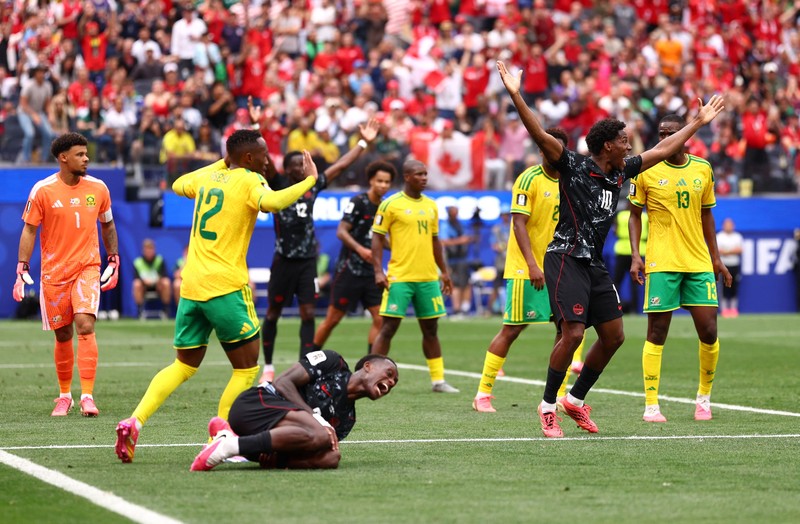Stephen Eust&aacute;quio merayakan gol pertama Kanada dalam pertandingan babak 32 besar Piala Dunia FIFA 2026 antara Afrika Selatan dan Kanada di Los Angeles Stadium, Inglewood, California, Amerika Serikat, Minggu (28/6/2026). (REUTERS/Matthew Childs)