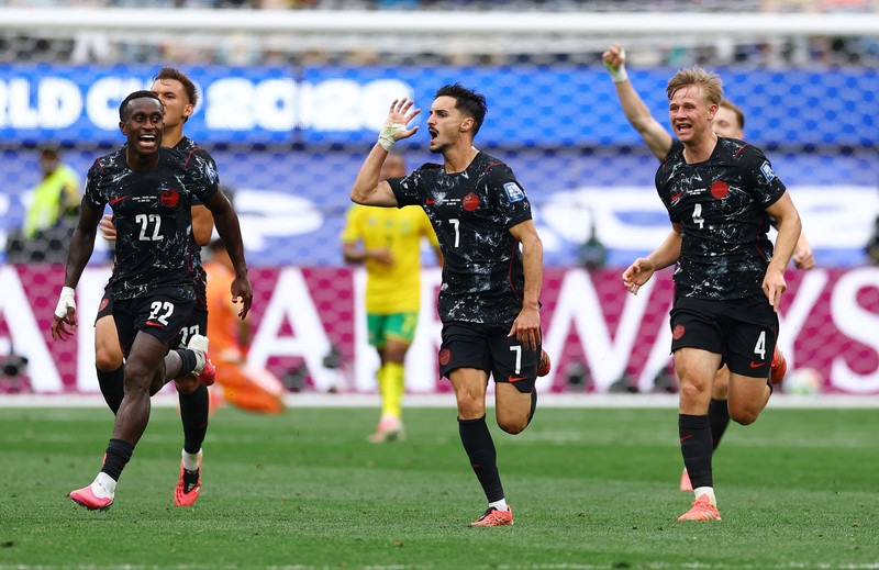 Stephen Eust&aacute;quio merayakan gol pertama Kanada dalam pertandingan babak 32 besar Piala Dunia FIFA 2026 antara Afrika Selatan dan Kanada di Los Angeles Stadium, Inglewood, California, Amerika Serikat, Minggu (28/6/2026). (REUTERS/Matthew Childs)