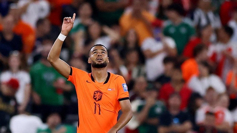 Cody Gakpo merayakan gol pertama Belanda dalam pertandingan babak 32 besar Piala Dunia FIFA 2026 antara Belanda dan Maroko di Estadio Monterrey, Monterrey, Meksiko, Senin (29/6/2026).