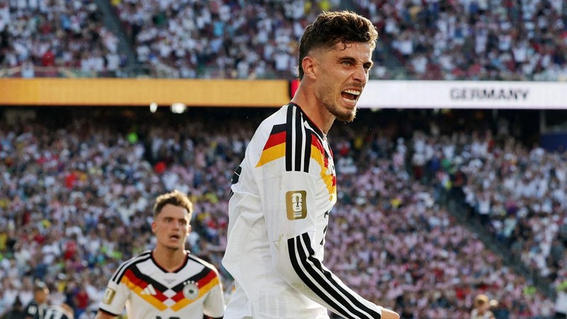 Kai Havertz merayakan gol pertama Jerman dalam pertandingan babak 32 besar Piala Dunia FIFA 2026 antara Jerman dan Paraguay di Boston Stadium, Foxborough, Massachusetts, Amerika Serikat, Senin (29/6/2026).