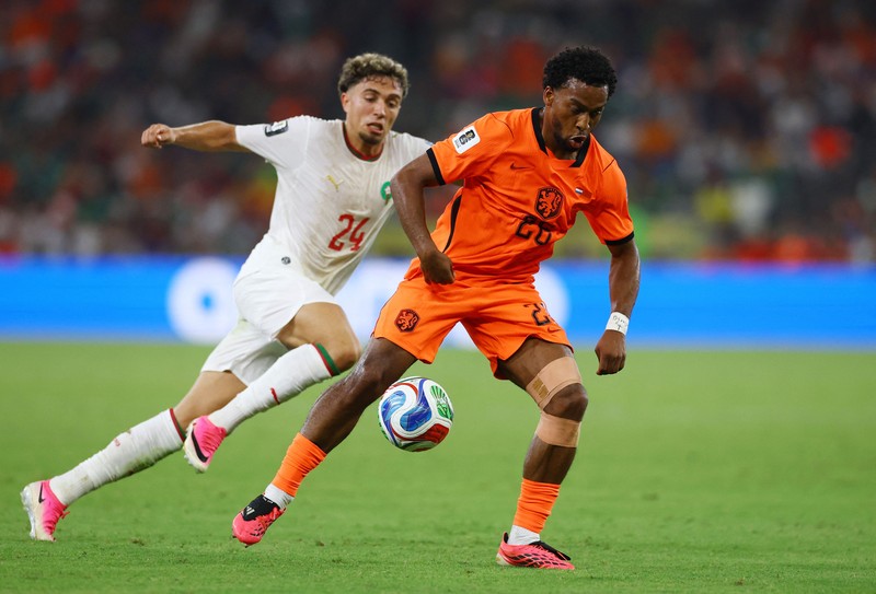Para pemain Maroko merayakan kemenangan usai pertandingan yang memastikan mereka lolos ke babak 16 besar Piala Dunia FIFA 2026 setelah menyingkirkan Belanda di Estadio Monterrey, Monterrey, Meksiko, Senin (29/6/2026). (REUTERS/Eloisa Sanchez)