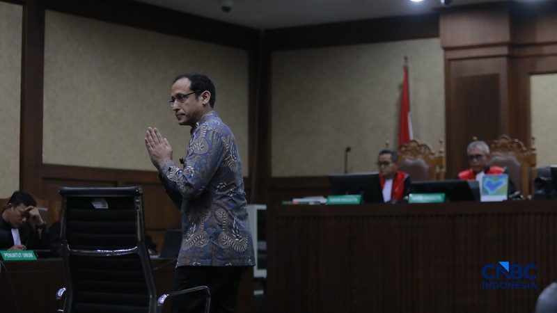 Terdakwa kasus dugaan korupsi pengadaan Chromebook dan Chrome Device Management (CDM) dalam program digitalisasi pendidikan di Kemendikbudristek Nadiem Makarim tiba di Pengadilan Tipikor Jakarta Pusat, Selasa, (29/6/2026). (CNBC Indonesia/Muhammad Sabki)