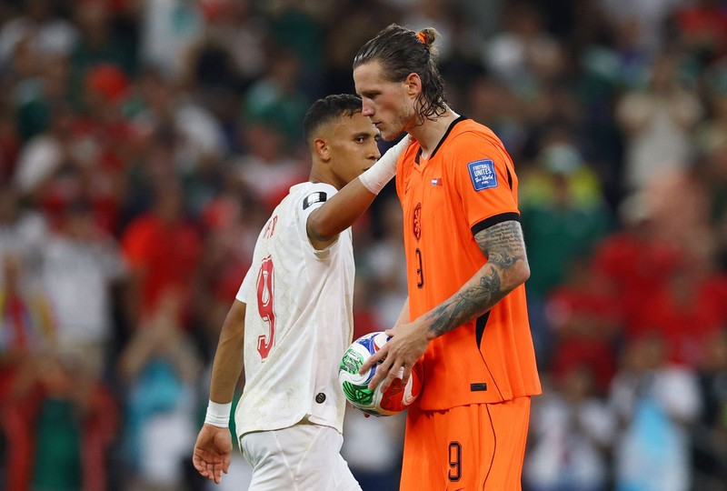 Para pemain Maroko merayakan kemenangan usai pertandingan yang memastikan mereka lolos ke babak 16 besar Piala Dunia FIFA 2026 setelah menyingkirkan Belanda di Estadio Monterrey, Monterrey, Meksiko, Senin (29/6/2026). (REUTERS/Eloisa Sanchez)