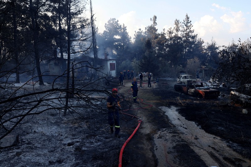 Jenazah korban kebakaran hutan tergeletak tertutup kain di samping mobil yang terbakar setelah kebakaran hutan di dekat desa Liti, Thessaloniki, Yunani, 30 Juni 2026. (REUTERS/Alexandros Avramidis)