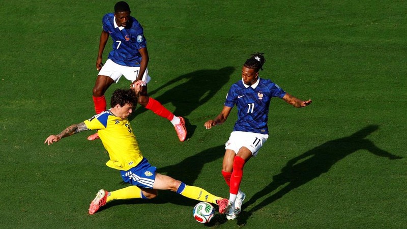 Prancis lolos ke babak 16 besar Piala Dunia 2026 usai menghajar Swedia dengan skor 3-0 di Stadion New York New Jersey, Selasa (30/6) atau Rabu (1/7) WIB. (REUTERS/Jeenah Moon)