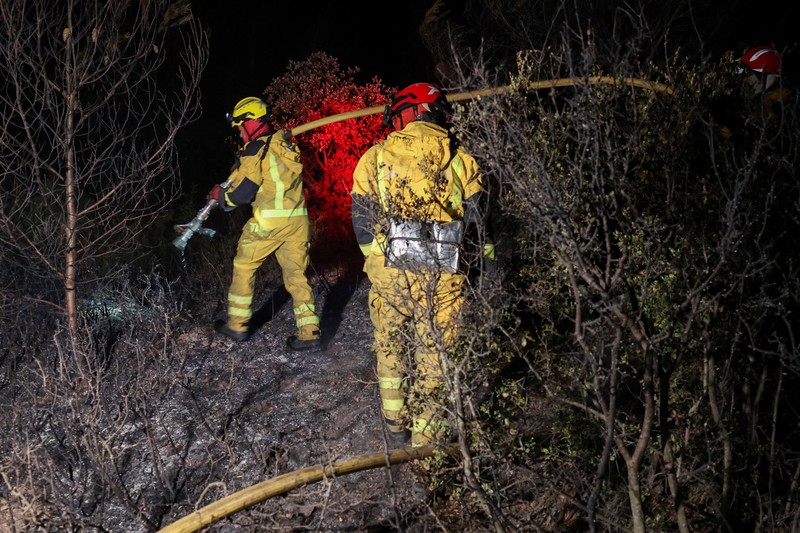 Petugas pemadam kebakaran bekerja saat kebakaran hutan berkobar di Pouzols-Minervois dekat Narbonne, Prancis, 3 Juli 2026. (REUTERS/Alexandre Dimou)