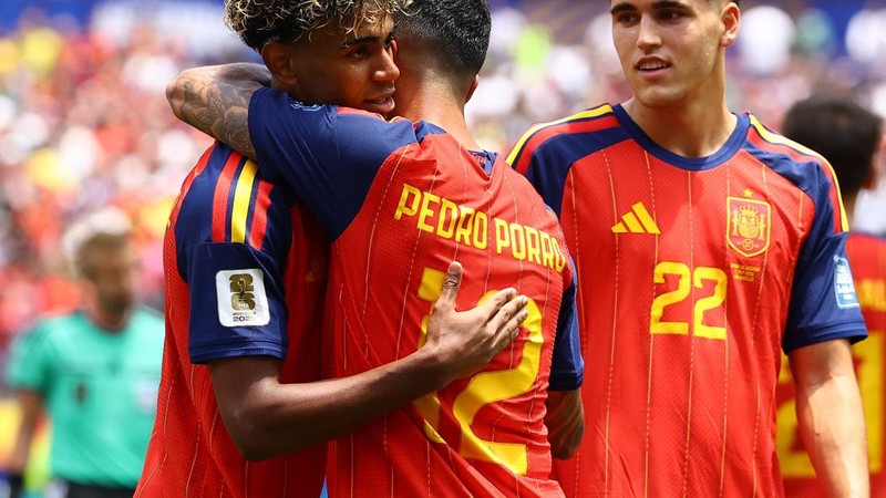 Spanyol menaklukkan Austria denhgan skor akhir 3-0 pada babak 32 besar Piala Dunia 2026 di Stadion Los Angeles, Kamis (2/7) atau Jumat (3/7) dini hari WIB. (REUTERS/Lisi Niesner)