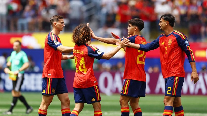 Spanyol menaklukkan Austria denhgan skor akhir 3-0 pada babak 32 besar Piala Dunia 2026 di Stadion Los Angeles, Kamis (2/7) atau Jumat (3/7) dini hari WIB. (REUTERS/Matthew Childs)