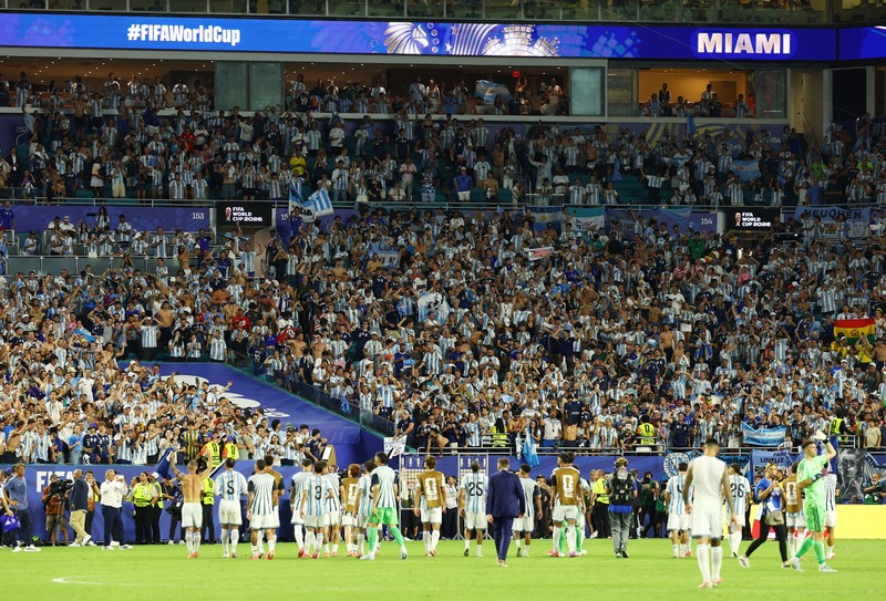 Soccer Football - FIFA World Cup 2026 - Round of 32 - Argentina v Cape Verde - Miami Stadium, Miami Gardens, Florida, U.S. - July 3, 2026 Argentina's Lionel Messi celebrates scoring their first goal with teammates REUTERS/Amanda Perobelli