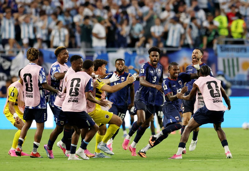 Soccer Football - FIFA World Cup 2026 - Round of 32 - Argentina v Cape Verde - Miami Stadium, Miami Gardens, Florida, U.S. - July 3, 2026 Argentina's Lionel Messi celebrates scoring their first goal with teammates REUTERS/Amanda Perobelli