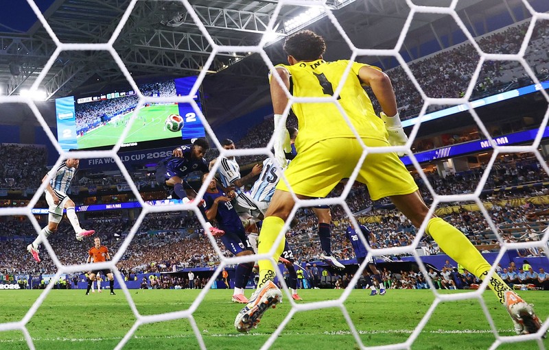 Soccer Football - FIFA World Cup 2026 - Round of 32 - Argentina v Cape Verde - Miami Stadium, Miami Gardens, Florida, U.S. - July 3, 2026 Argentina's Lionel Messi celebrates scoring their first goal with teammates REUTERS/Amanda Perobelli