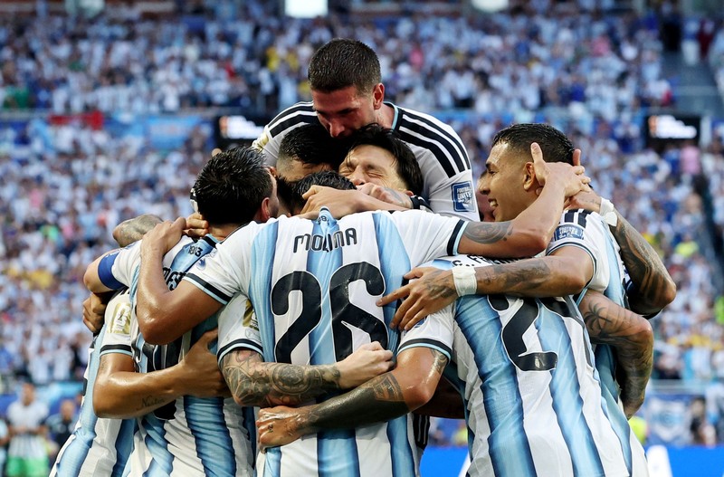 Soccer Football - FIFA World Cup 2026 - Round of 32 - Argentina v Cape Verde - Miami Stadium, Miami Gardens, Florida, U.S. - July 3, 2026 Argentina's Lionel Messi celebrates scoring their first goal with teammates REUTERS/Amanda Perobelli