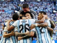 Soccer Football - FIFA World Cup 2026 - Round of 32 - Argentina v Cape Verde - Miami Stadium, Miami Gardens, Florida, U.S. - July 3, 2026 Argentina's Lionel Messi celebrates scoring their first goal with teammates REUTERS/Amanda Perobelli