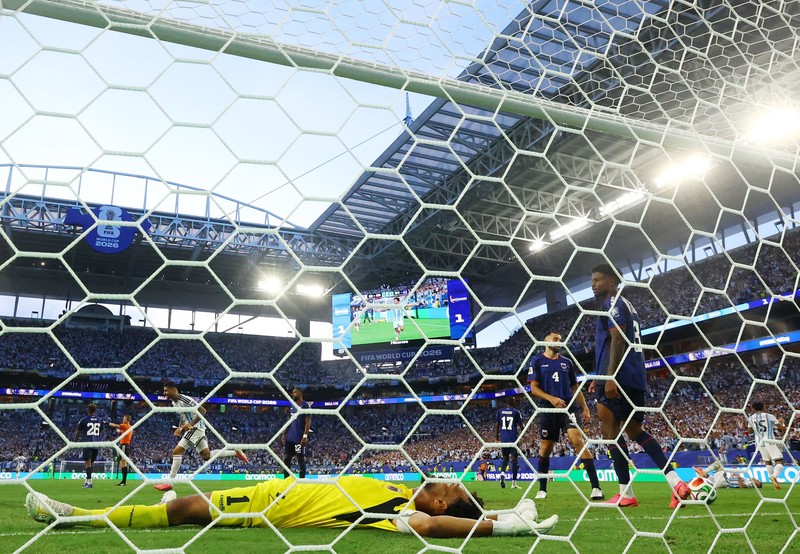 Soccer Football - FIFA World Cup 2026 - Round of 32 - Argentina v Cape Verde - Miami Stadium, Miami Gardens, Florida, U.S. - July 3, 2026 Argentina's Lionel Messi celebrates scoring their first goal with teammates REUTERS/Amanda Perobelli