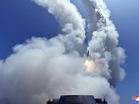 North Korean leader Kim Jong Un observes an assessment of the newly built naval destroyer Kang Kon's combat systems, including the test firing of a strategic cruise missile, at an unknown location in North Korea, July 3, 2026, in this picture release