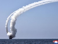 North Korean leader Kim Jong Un observes an assessment of the newly built naval destroyer Kang Kon's combat systems, including the test firing of a strategic cruise missile, at an unknown location in North Korea, July 3, 2026, in this picture release