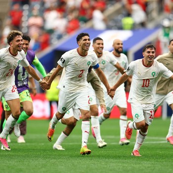 Soccer Football - FIFA World Cup 2026 - Round of 16 - Canada v Morocco - Houston Stadium, Houston, Texas, U.S. - July 4, 2026 Morocco's Achraf Hakimi, Brahim Diaz and Neil El Aynaoui celebrate after the match REUTERS/Hannah Mckay