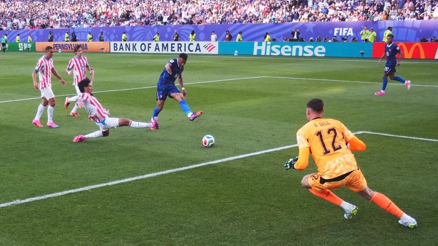 Soccer Football - FIFA World Cup 2026 - Round of 16 - Paraguay v France - Philadelphia Stadium, Philadelphia, Pennsylvania, U.S. - July 4, 2026 France's Kylian Mbappe in action as he shoots at goal before the match Paraguay's Orlando Gill makes a sav