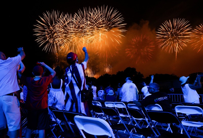U.S. President Donald Trump watches fireworks explode during the Freedom 250's Salute to America as the United States celebrates its 250th anniversary on Independence Day, attempting the largest firework display in history with 850,000 fireworks in Washington, D.C., U.S., July 5, 2026. REUTERS/Jonathan Ernst