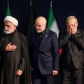 Chief Justice of Iran Gholamhossein Mohseni Ejei, Iran's parliament speaker Mohammad Baqer Qalibaf, Iranian President Masoud Pezeshkian and adviser to Iran's supreme leader Mohsen Rezaei attend a farewell ceremony for Iran's late Supreme Leader Ayato